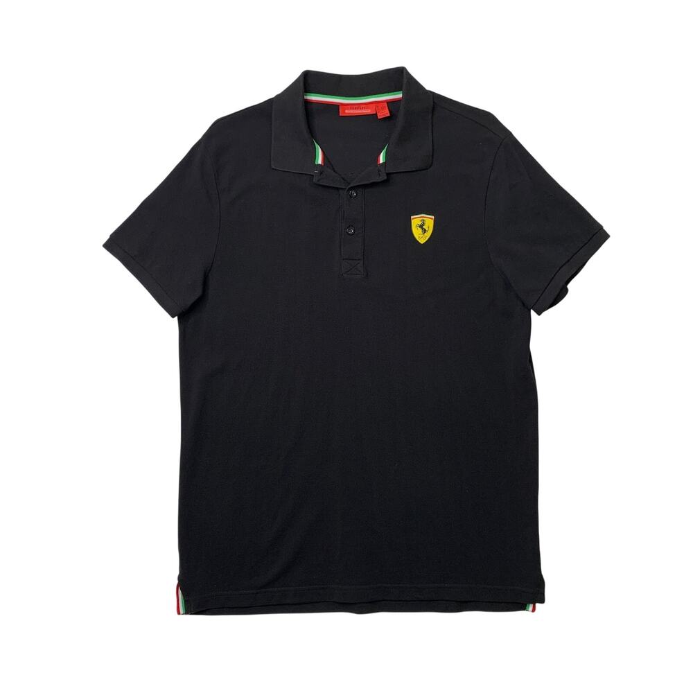 Scuderia Ferrari Polo Shirt Mens L Large Slim Fit Black Cotton Short Sleeve